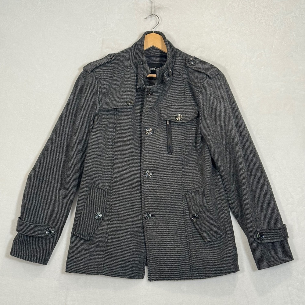 Chouyatou Grey Military Stand Collar Pea Coat Jacket Small